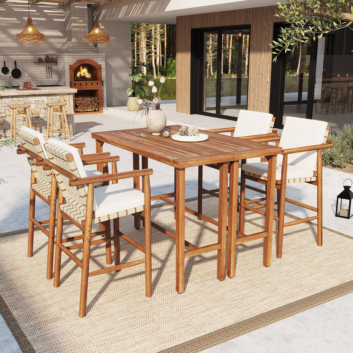 6 Piece Outdoor Bar Set with Acacia Wood Table & Cushioned Stools