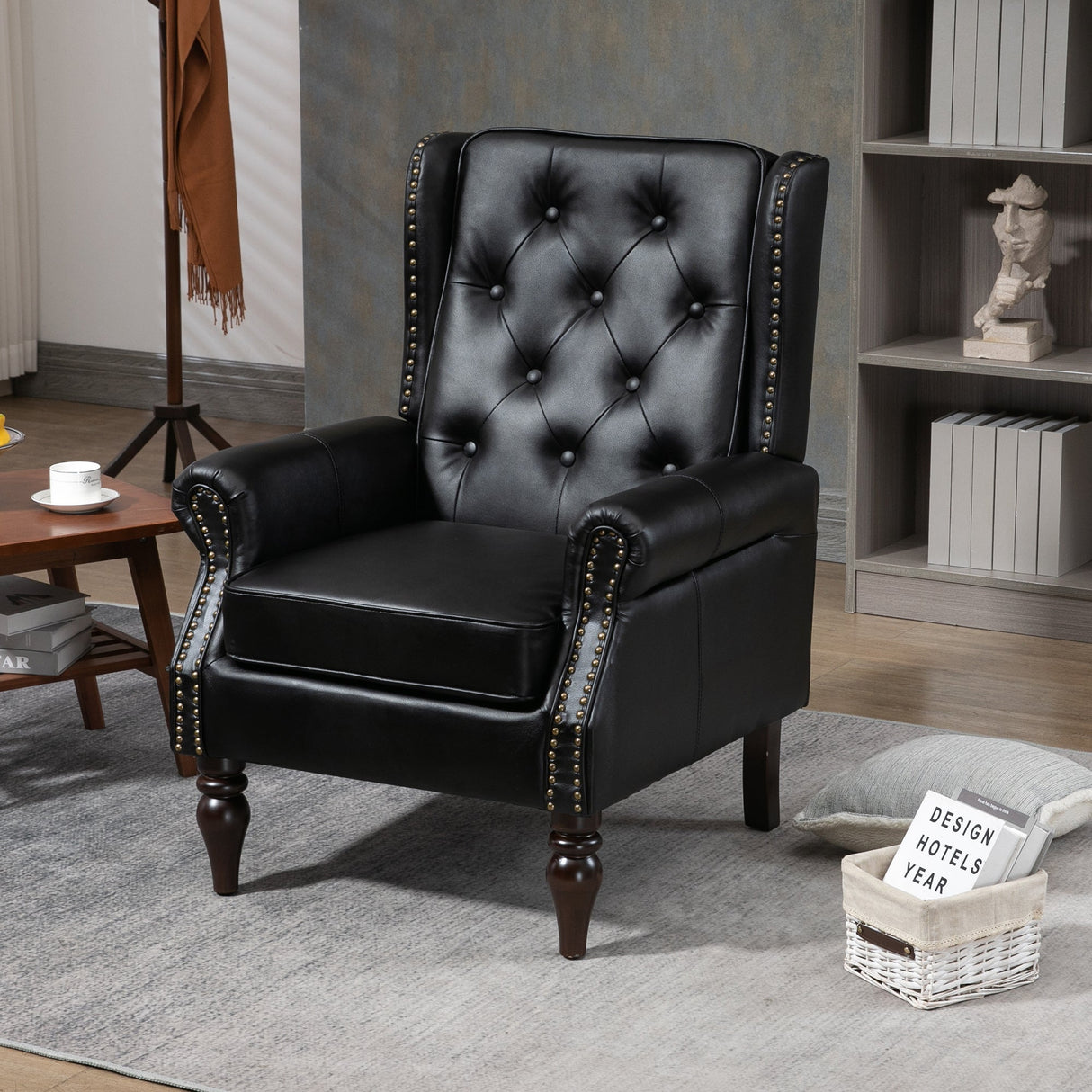 Modern Accent Armchair with Black PU Leather and Wood Legs