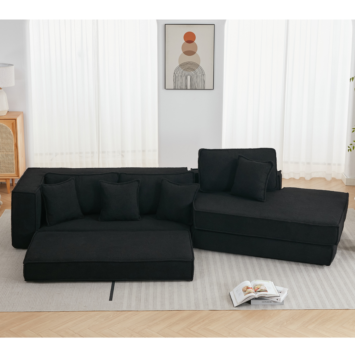 Folding Convertible Out Sleeper Sofa Bed 3-Seat Black