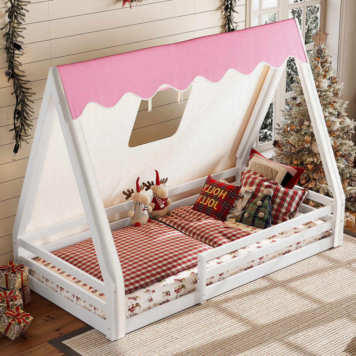 Twin Size House Floor Bed with Tent and Light