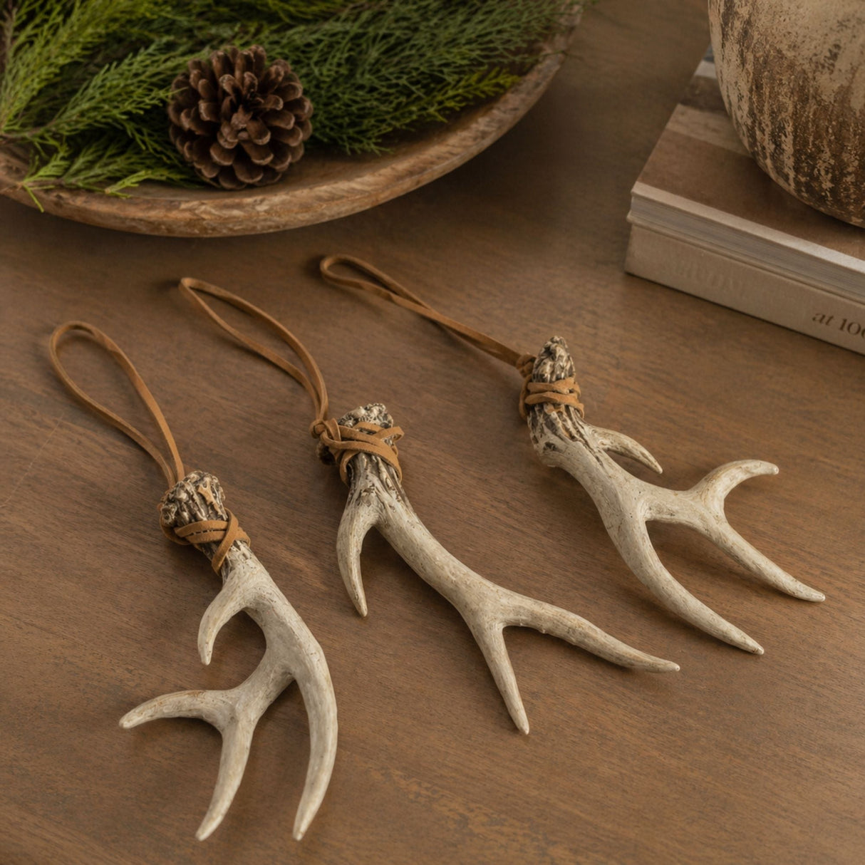 Rustic Deer Antler Hanging Ornament with Rope Tie (Set of 12)