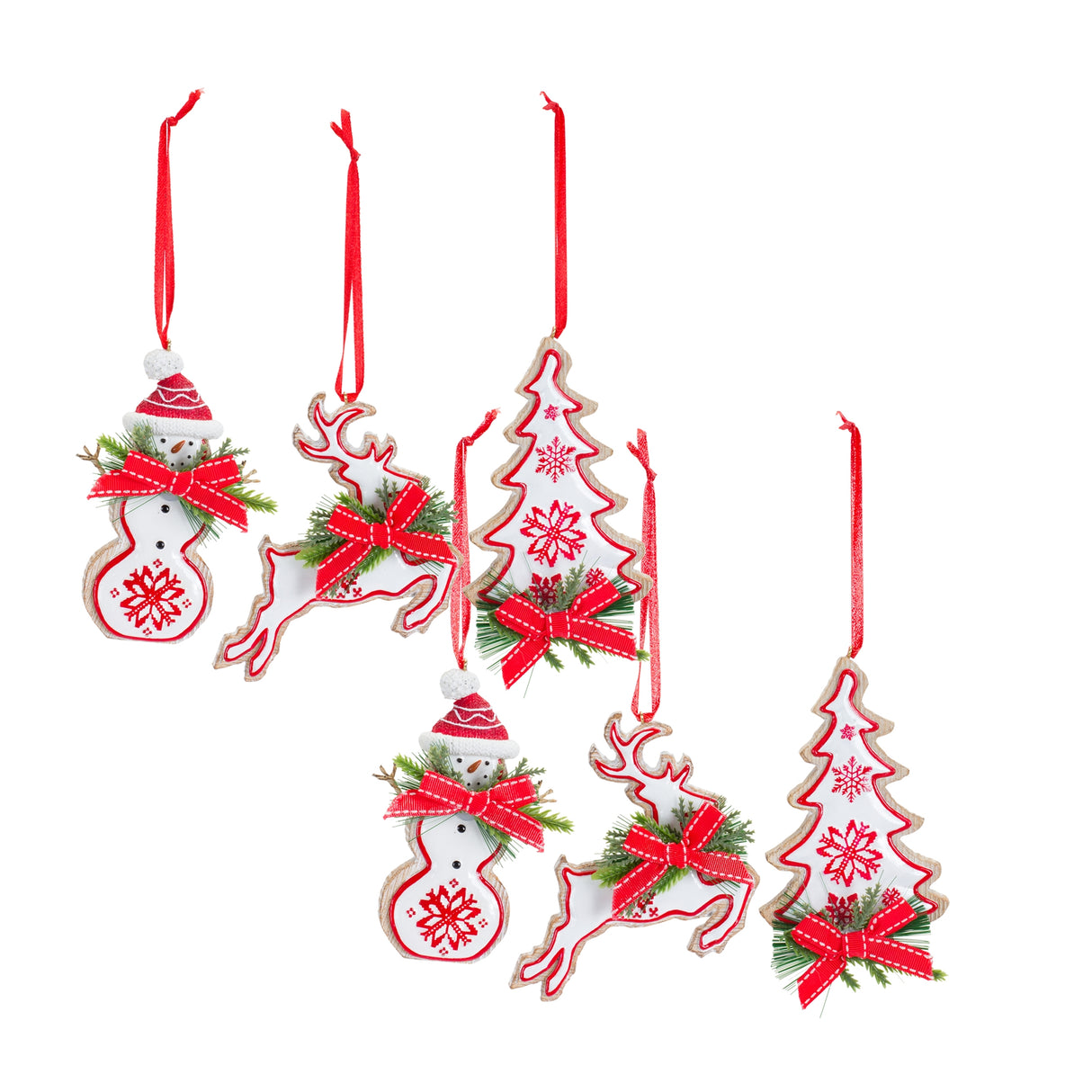 Nordic-Snowflake-Character-Tree-Ornament-with-Pine-Bow-Accent-(Set-of-6)-Christmas-Ornaments