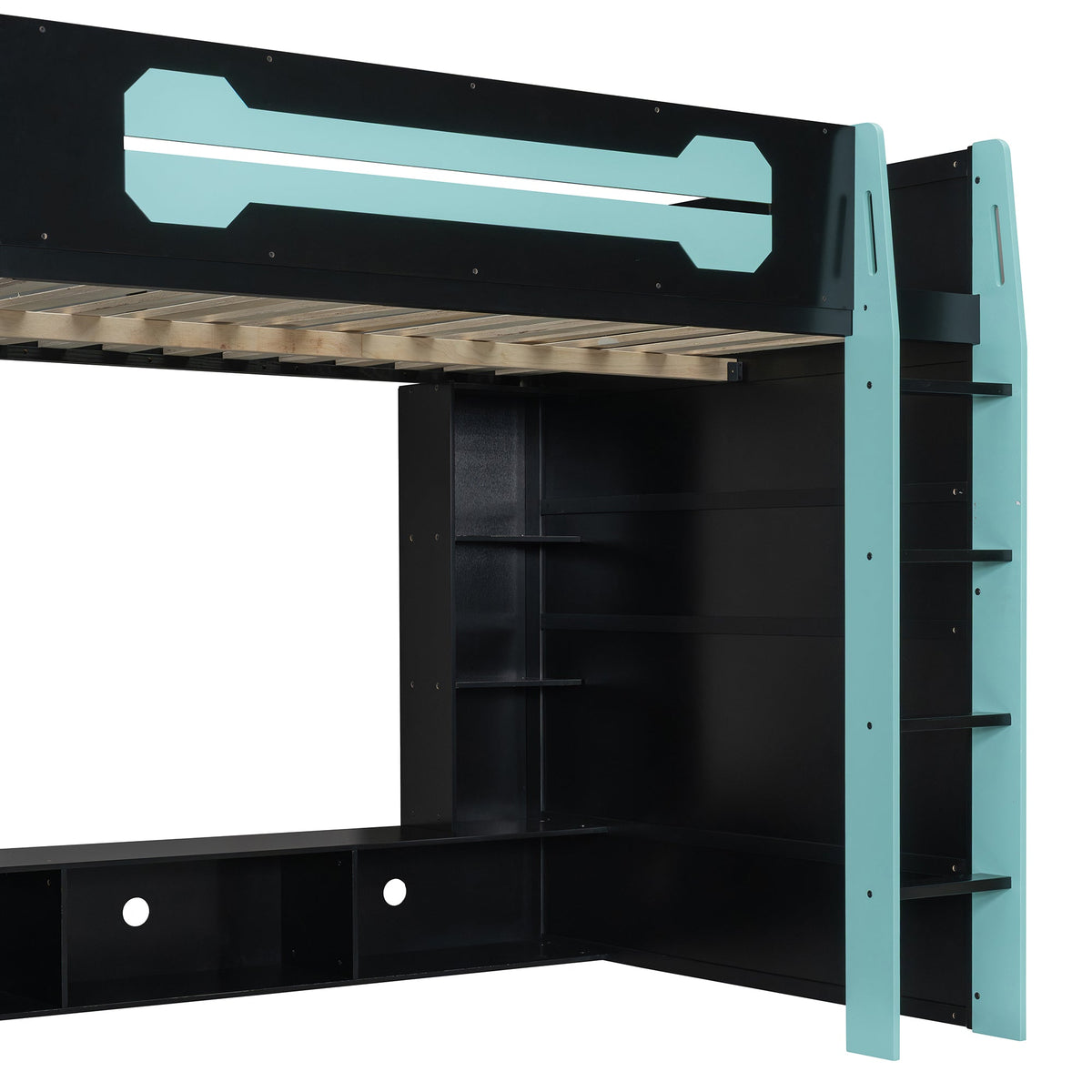 Full Size Wood Loft Bed with Desk, Multi-storage Shelves and RGB Light