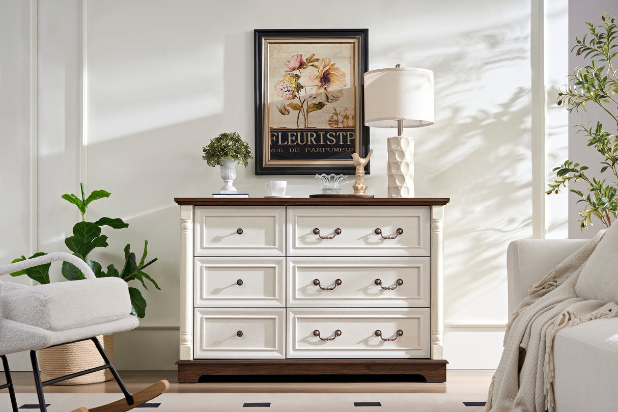 Farmhouse Style 6 Drawer Dresser Chest with Base Wooden Rustic Chest