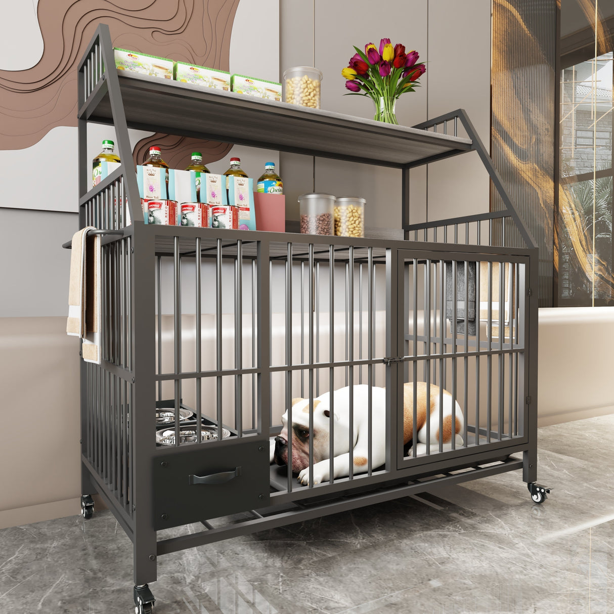 Large Pet Cage with Storage Rack and Stainless Steel Basins