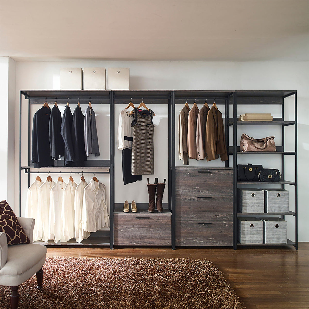 Dark Brown Walk-In Closet with Three Drawers and Shelf - Spacious, Eco-Friendly Storage