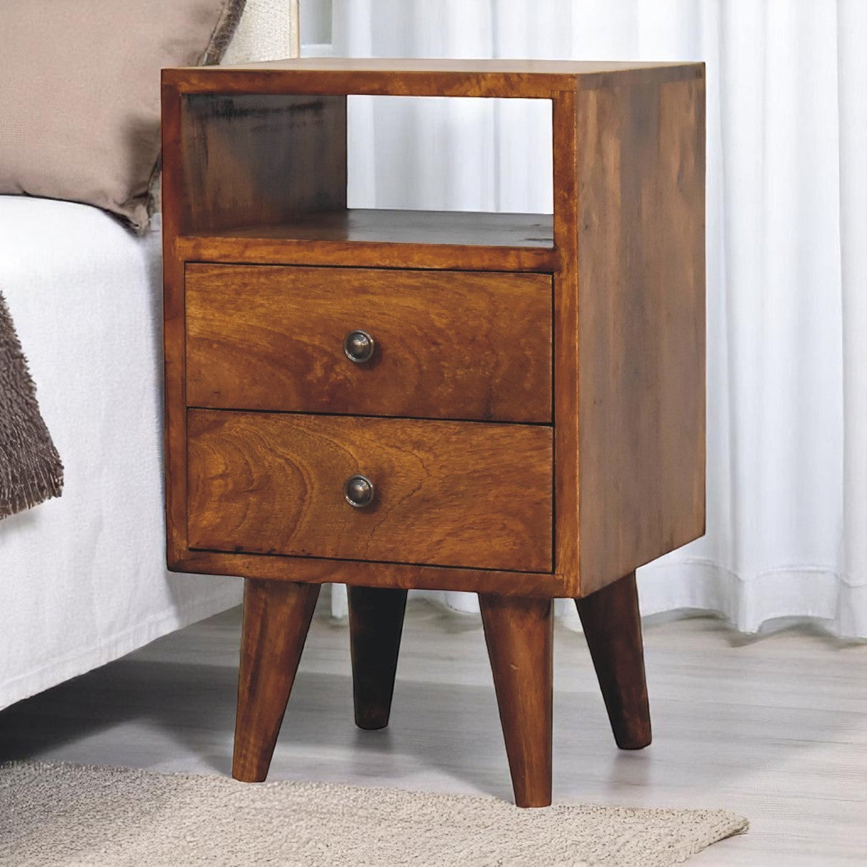 Solid Wood Mini Classic Chestnut Bedside, 2-Drawers, 1 Open Slot, Nordic Legs
