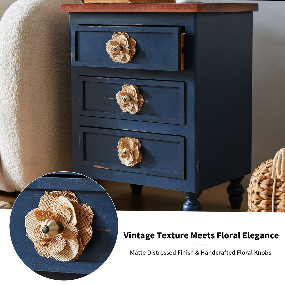 Rustic Dark Blue 3-Drawer Wooden Cabinet with Aged Finish & Floral Handles
