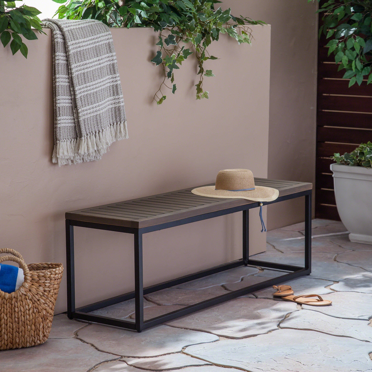 JECO Industrial Wood and Metal Outdoor Bench