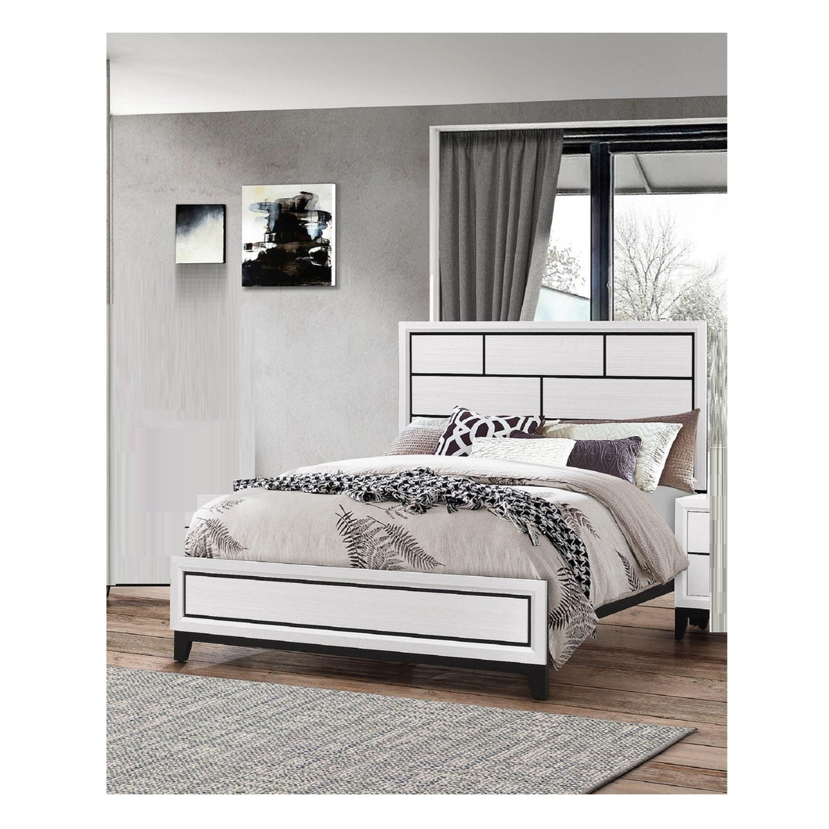 Contemporary Low Profile Bed With Geometric Headboard - White