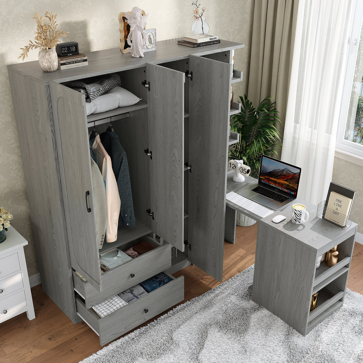Multifunctional Wardrobe with 2 Doors and Convertible Desk
