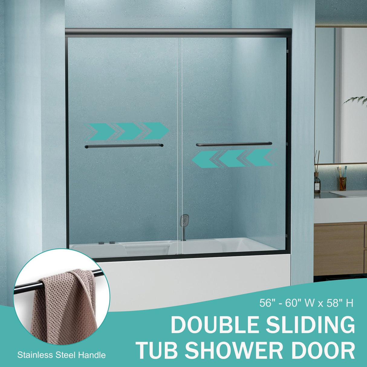 Double Sliding Bathtub Shower Door, Semi Frameless Bypass