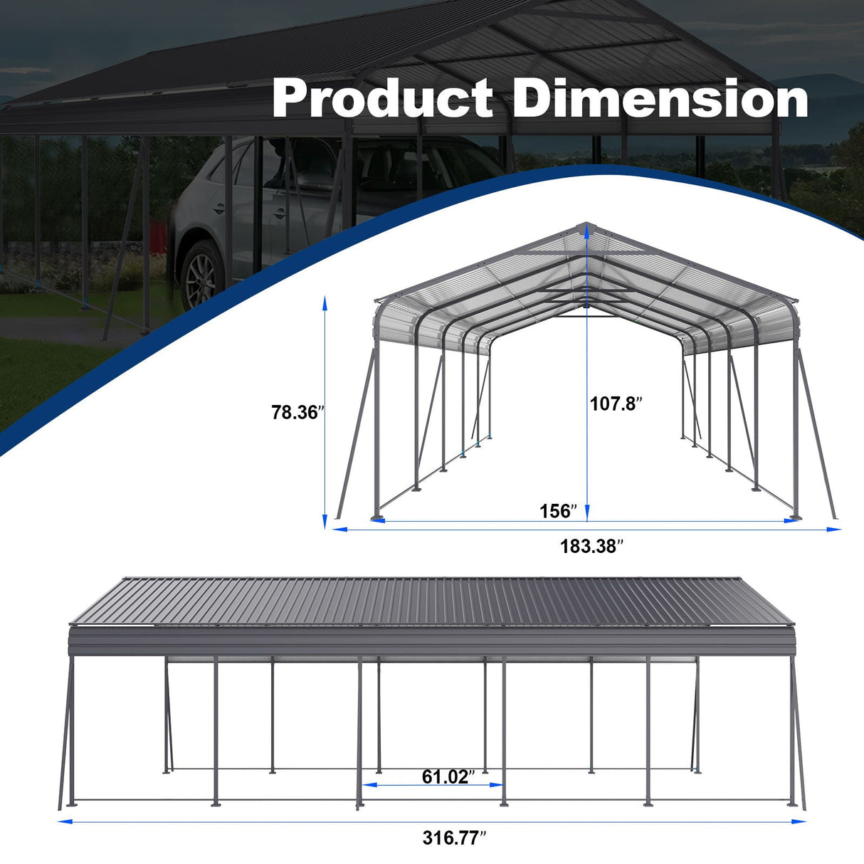 Metal Carport 13 x 26.5 Ft Heavy Duty with Galvanized Steel Roof