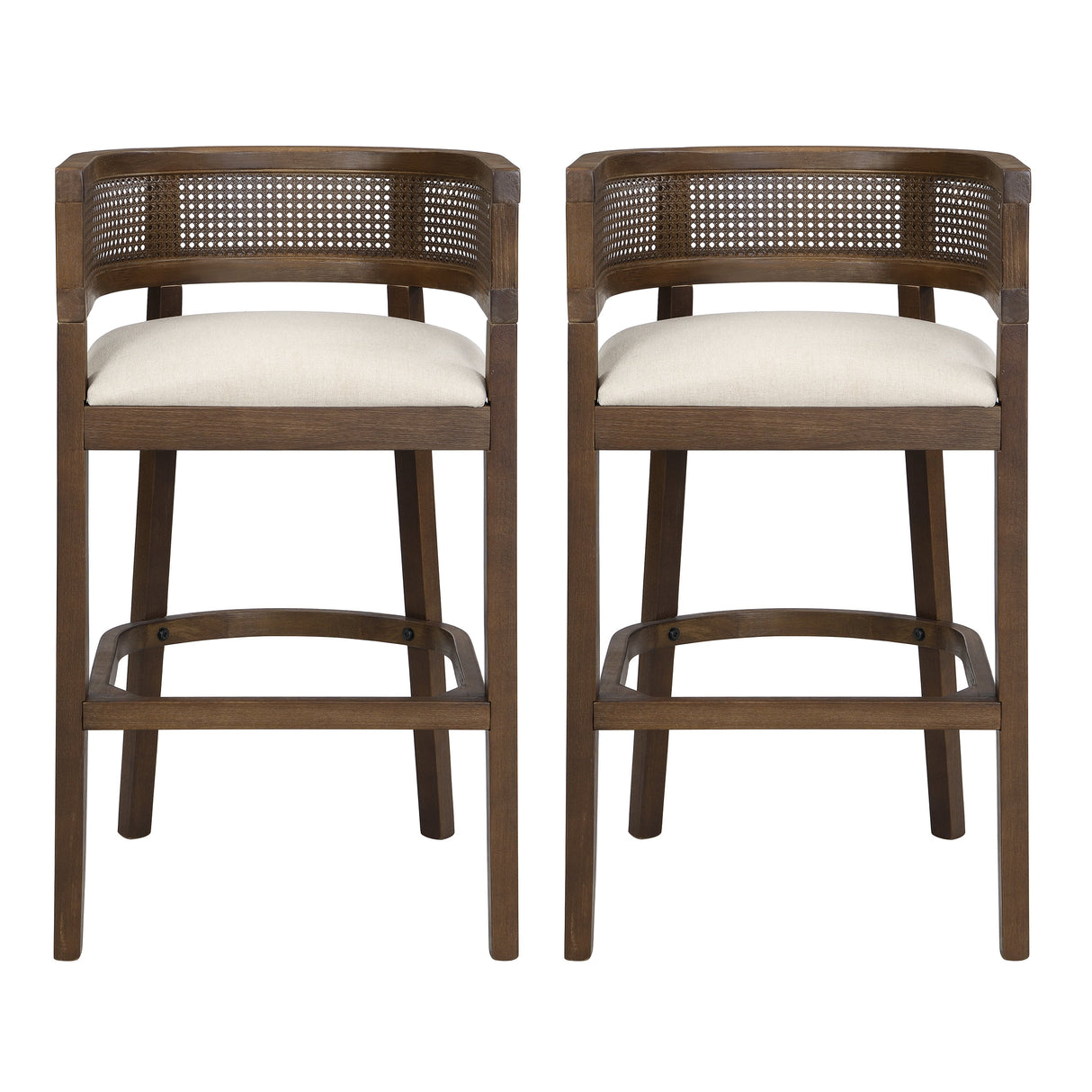 Wood And Rattan Upholstered Arm Bar Stools, Set of 2