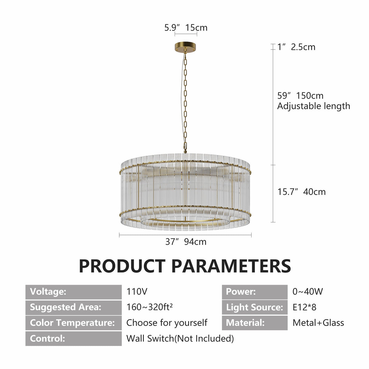 37' Modern Gold Round Chandelier,2-Tier 8-Light Water Ripple Crystal Glass Chandeliers,for Dining Room,Living Room,Bedroom,High Ceiling,Foyer Entryway,Luxury Chandelier