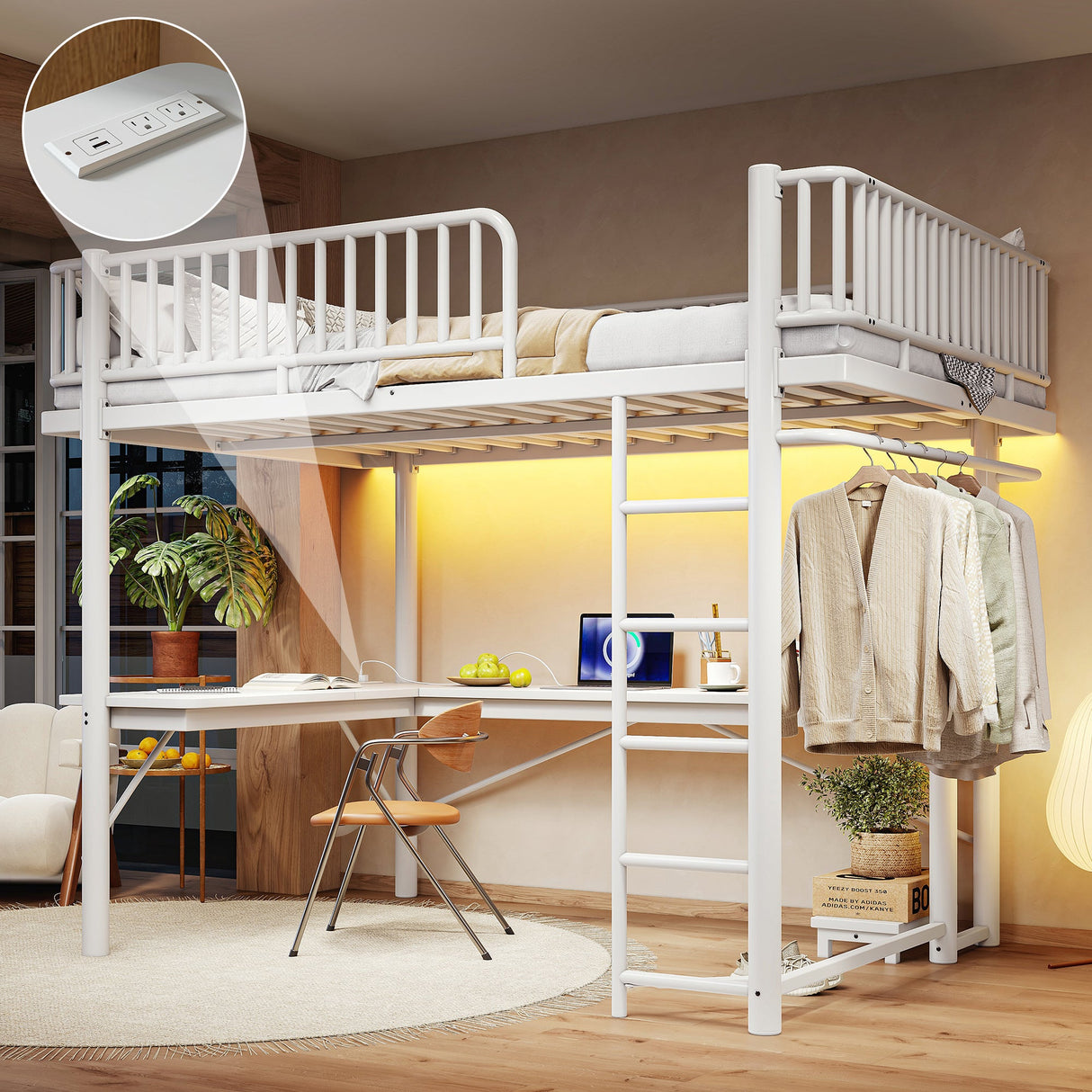 Queen Loft Bed with L-Shaped Desk