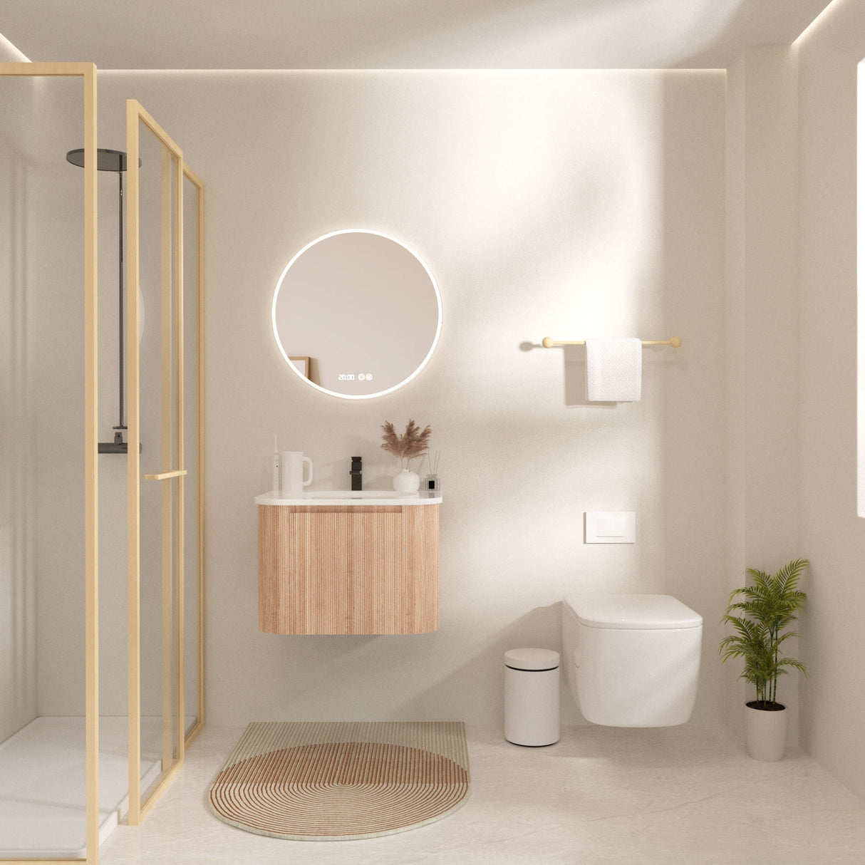 Wall Mounted Bathroom Vanity With Countertop, Sink, Curved Design With Stripe - Natural Wood