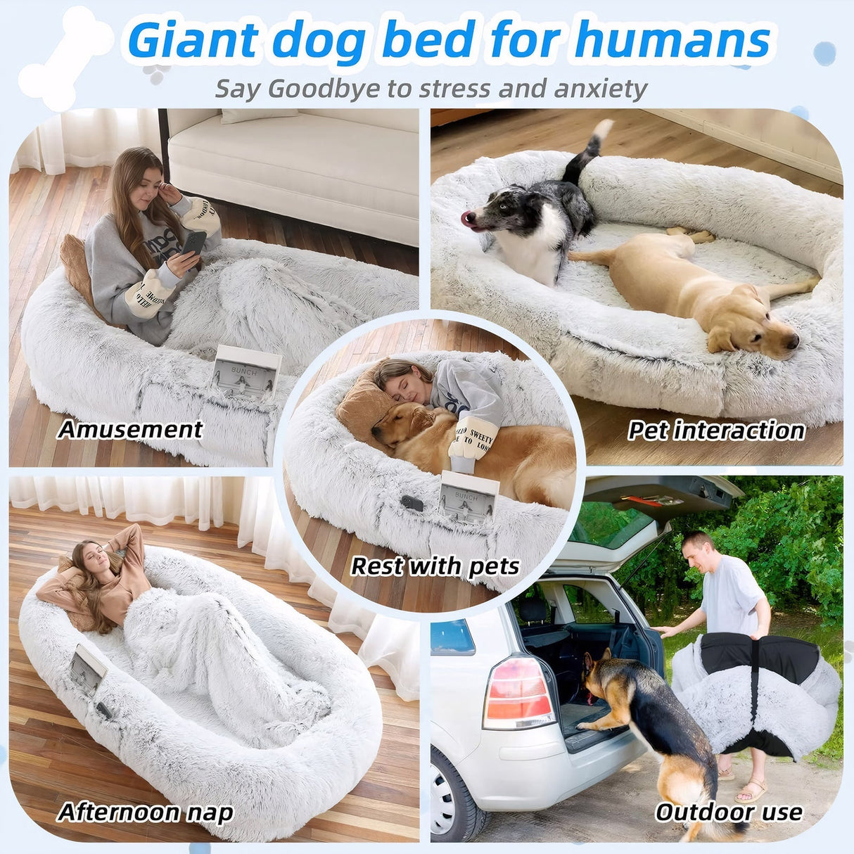 Human Dog Bed with Washable Faux Fur and Orthopedic Support