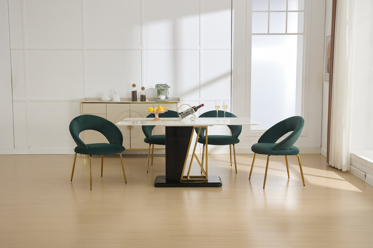 Set of 1 Velvet Fabric Dining Chair with Curved Backrest and Golden Metal Legs