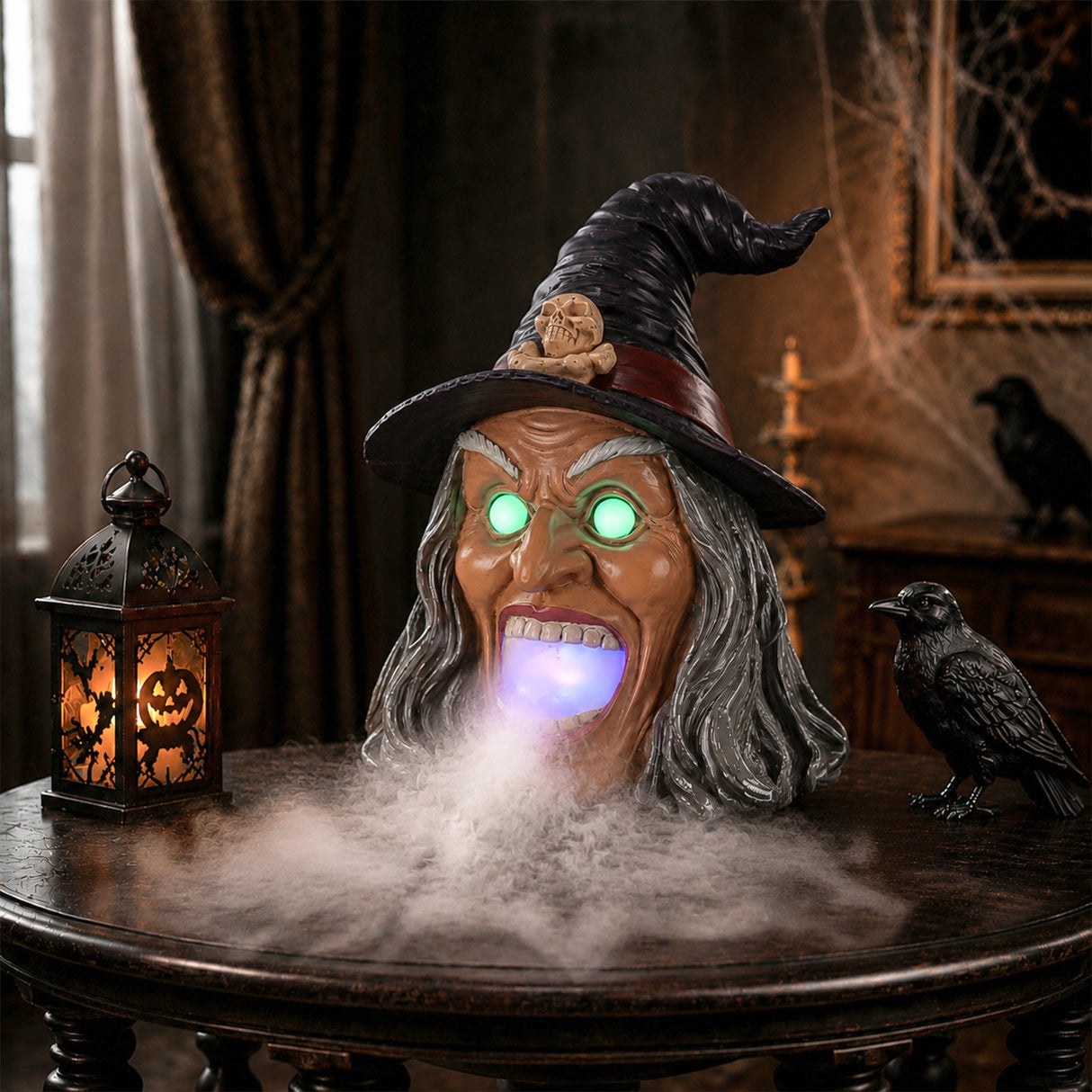 Halloween Witch Head Decor with LED Light and Mist Effect
