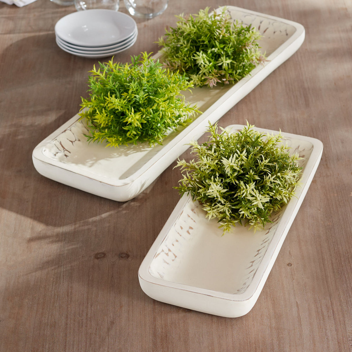 White Washed Mango Wood Dough Bowl Tray (Set of 2)