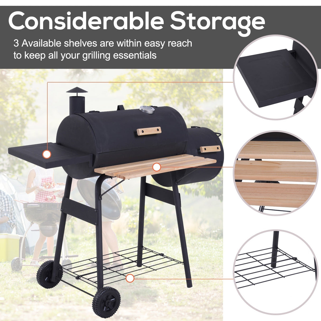 Outsunny 48-Inch Steel Portable Charcoal BBQ Grill and Offset Smoker Combo with Wheels