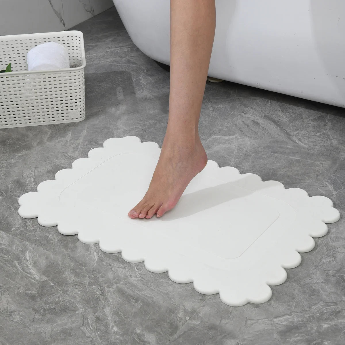 Off White Scallop Stone Bath Mat - Dimensions: 24"x15"