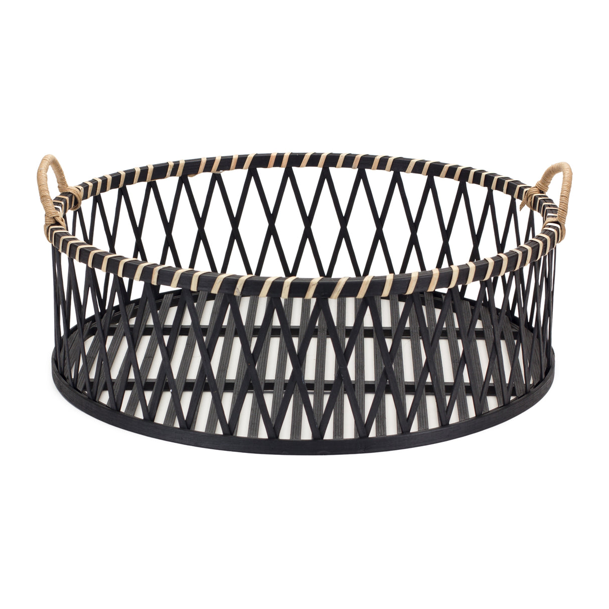 Round Woven Bamboo Trays with Rattan Handle Accent (Set of 2)
