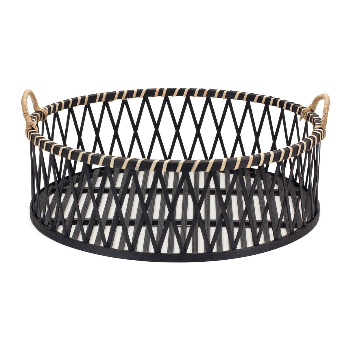 Round Woven Bamboo Trays with Rattan Handle Accent (Set of 2)