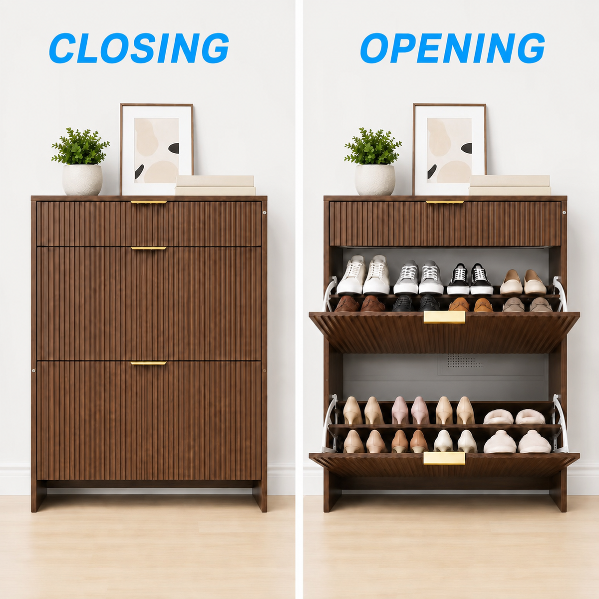 Narrow Fluted Shoe Storage Cabinet for Entryway