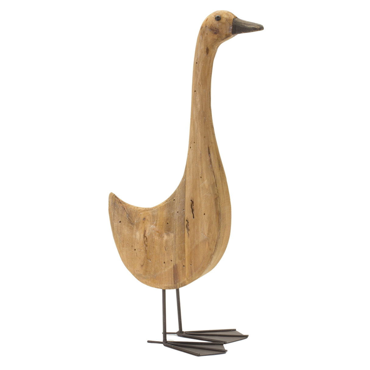 Natural fir wood goose figurine with rustic metal accents (set of 2)