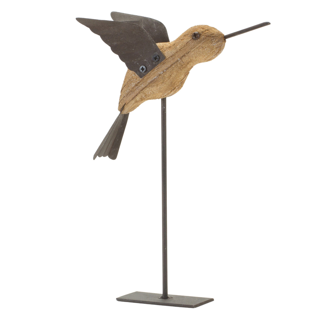 Natural Fir Wood Bird Figurine with Rustic Metal Accents (Set of 2)