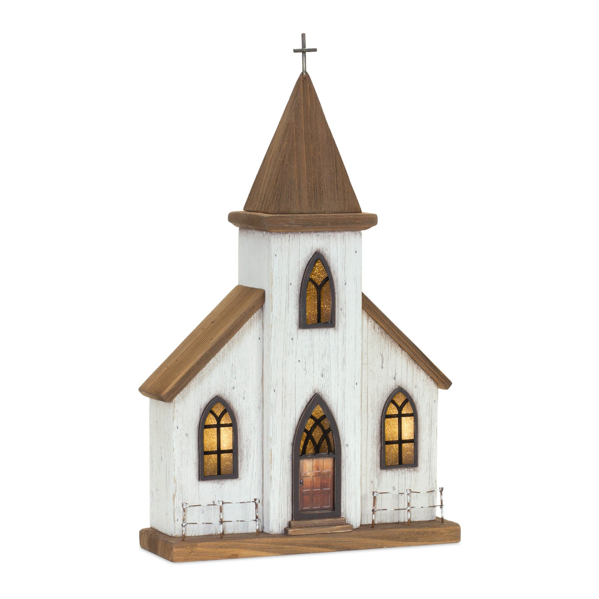 Lighted Natural Wooden Church Display with Rustic Metal Accents 17.5"H