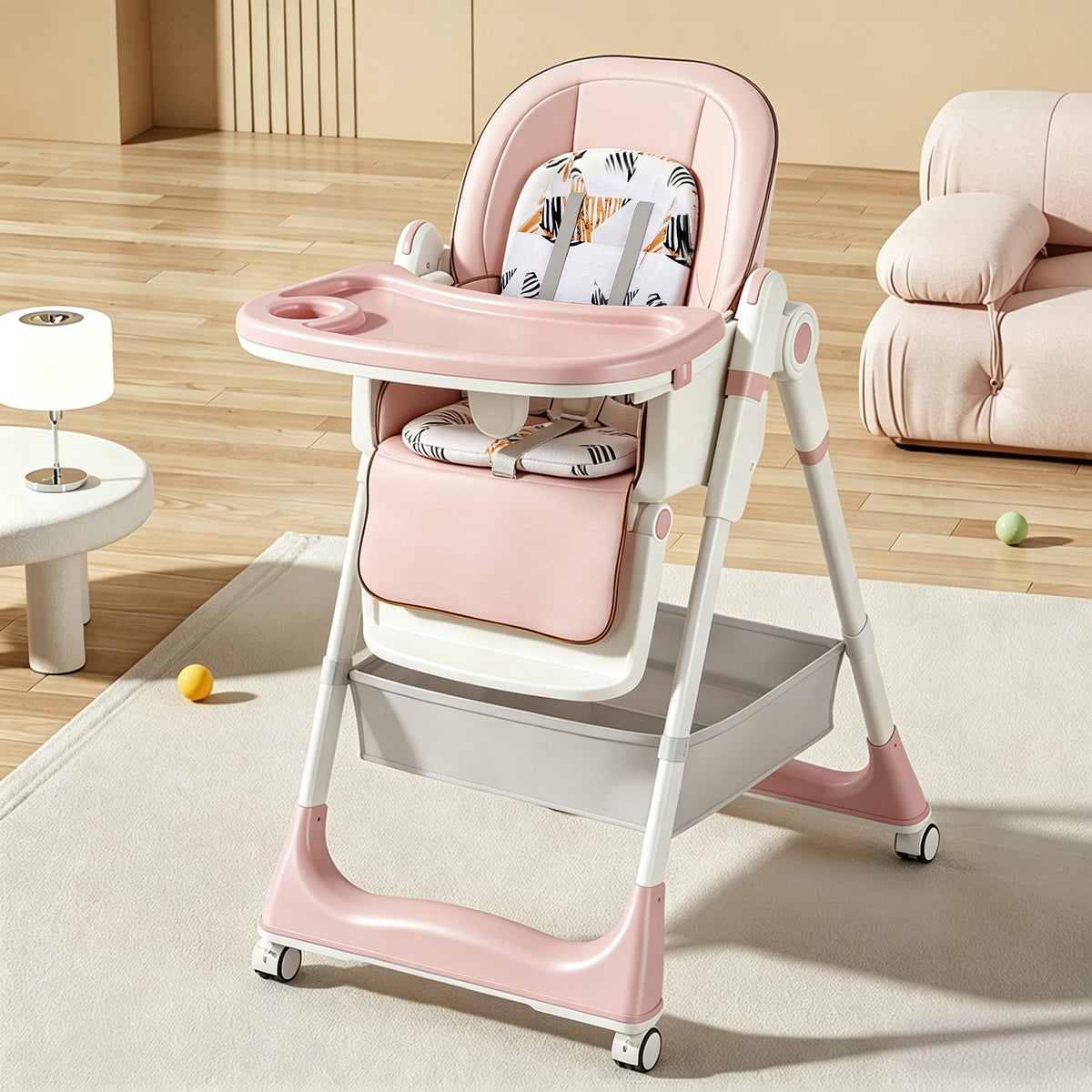 Adjustable Baby High Chair with Safety Belt and Lockable Wheels – Pink
