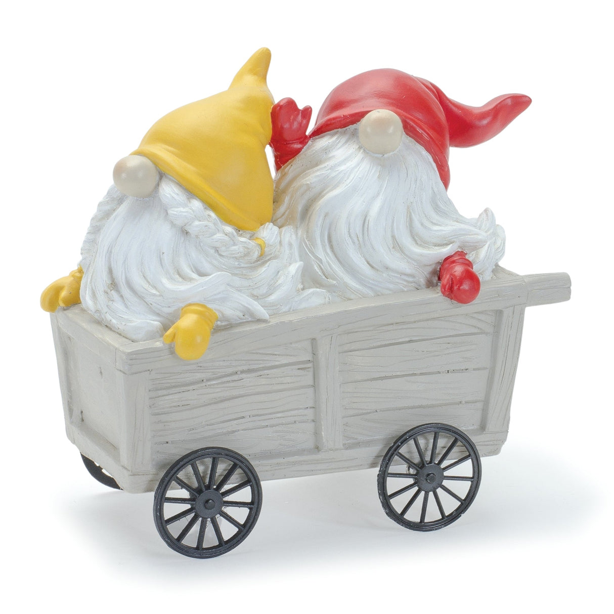Whimsical garden gnome figurine riding a scooter and wheelbarrow (set of 2)