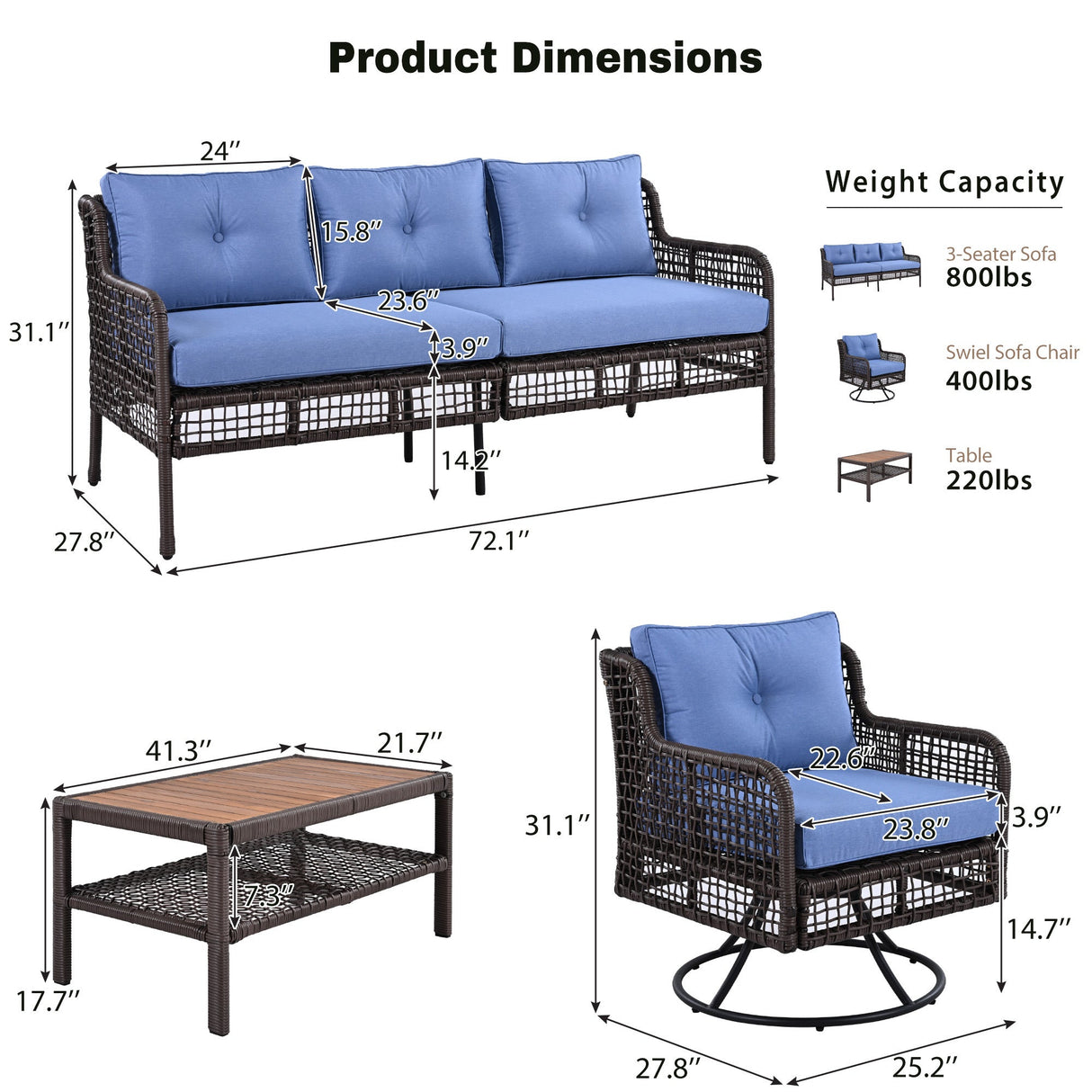 GO 4 Pieces Patio Furniture Set with Swivel Chairs and Outdoor Wicker Sofas
