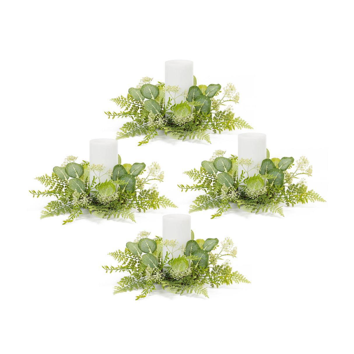 Mixed-fern-and-eucalyptus-foliage-candle-ring-(set-of-4)-Candles