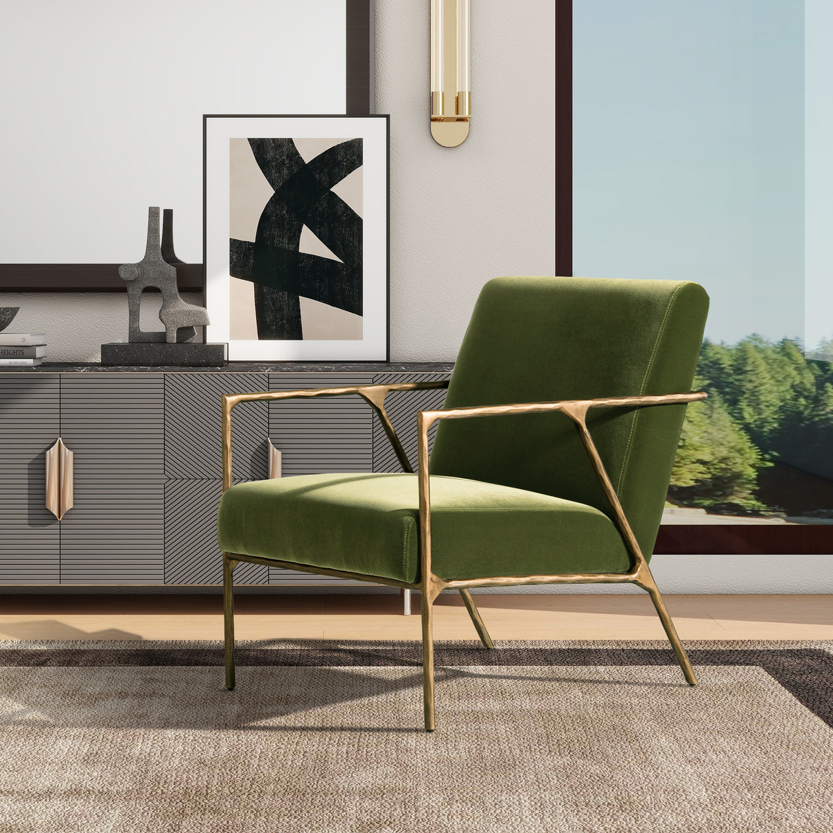 Aerin-24.5'-Hammered-Brass-Upholstered-Accent-Arm-Chair,-Olive-Green-Performance-Velvet-Accent-Chairs