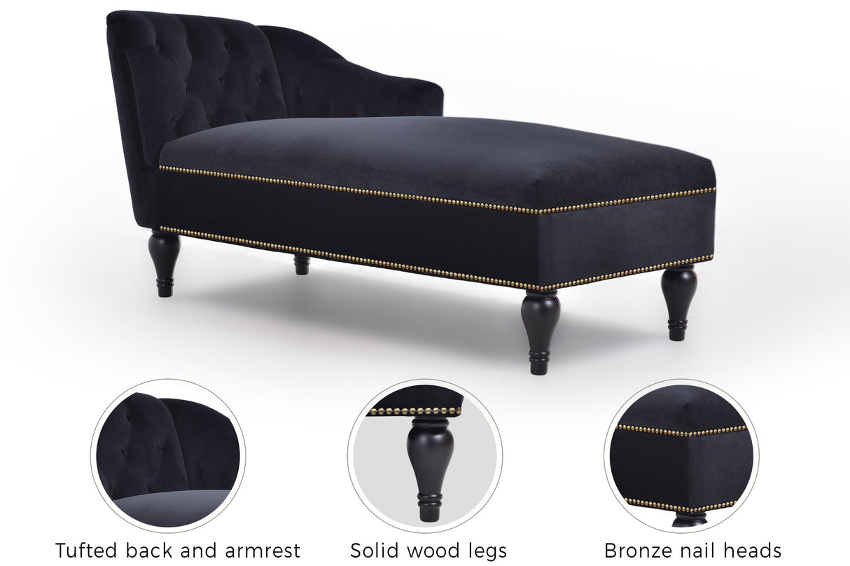58" Velvet Chaise Lounge with Nailhead Trim and Solid Wood Legs