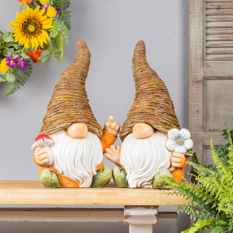 Distressed-Garden-Gnome-Statue-with-Mushroom-and-Flower-Accent-(Set-of-2)-Sculptures-&-Statues