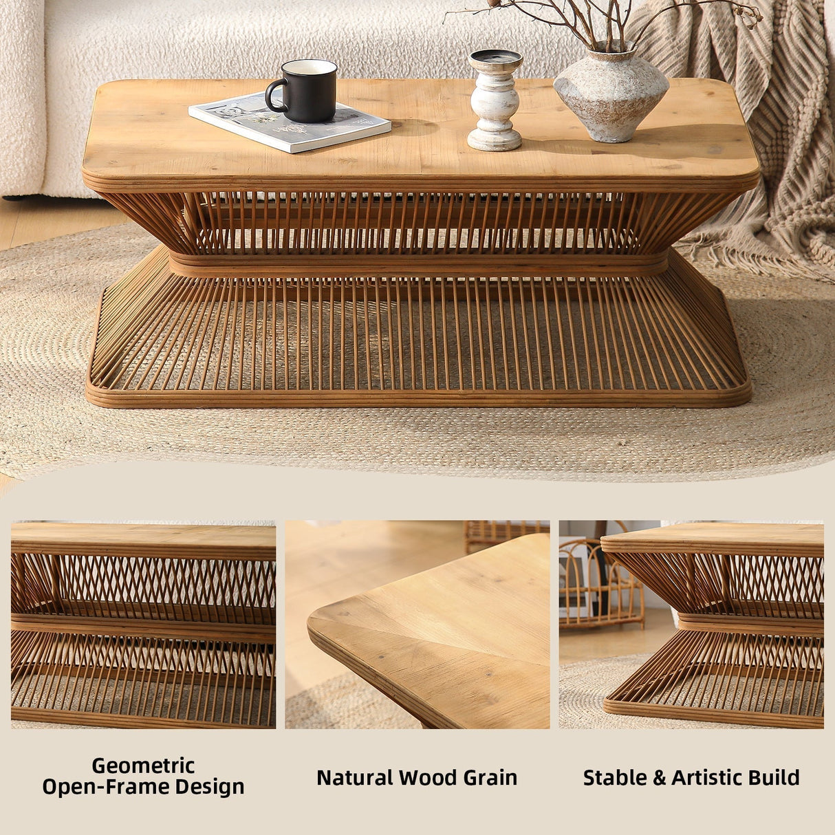 Mid-Century Modern Coffee Table with Woven Bamboo Base