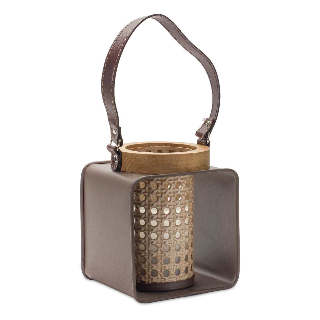 Metal-candle-holder-with-wood-and-leather-accents-Candle-Holders