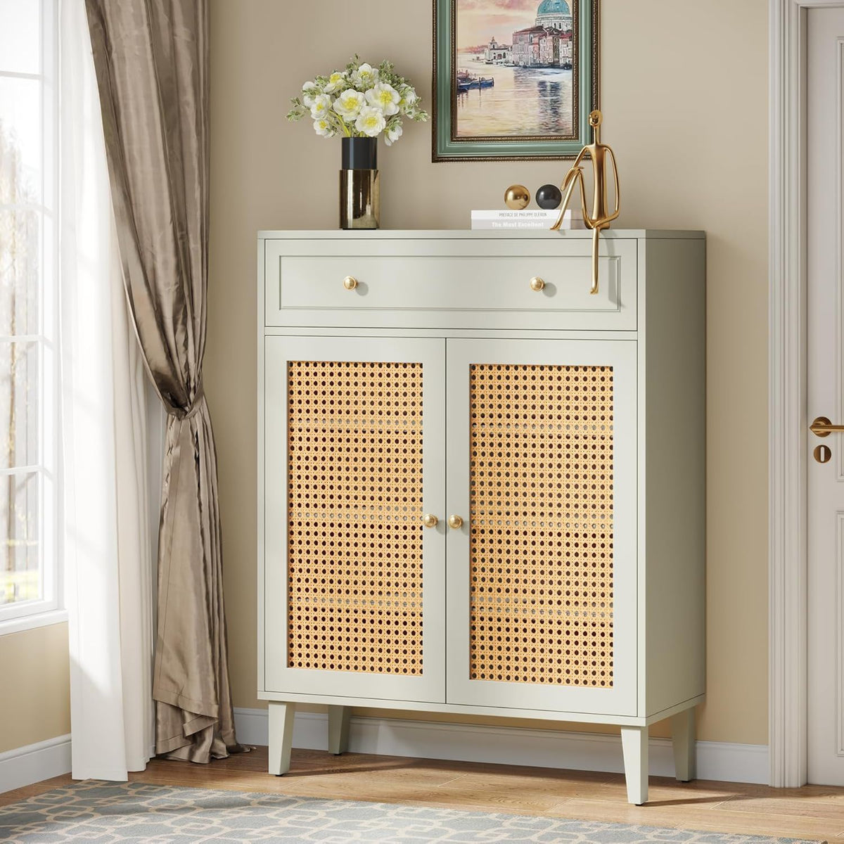 Shoe Cabinet With Rattan Doors And Drawer, 4 Tier Storage Organizer - Mint Green