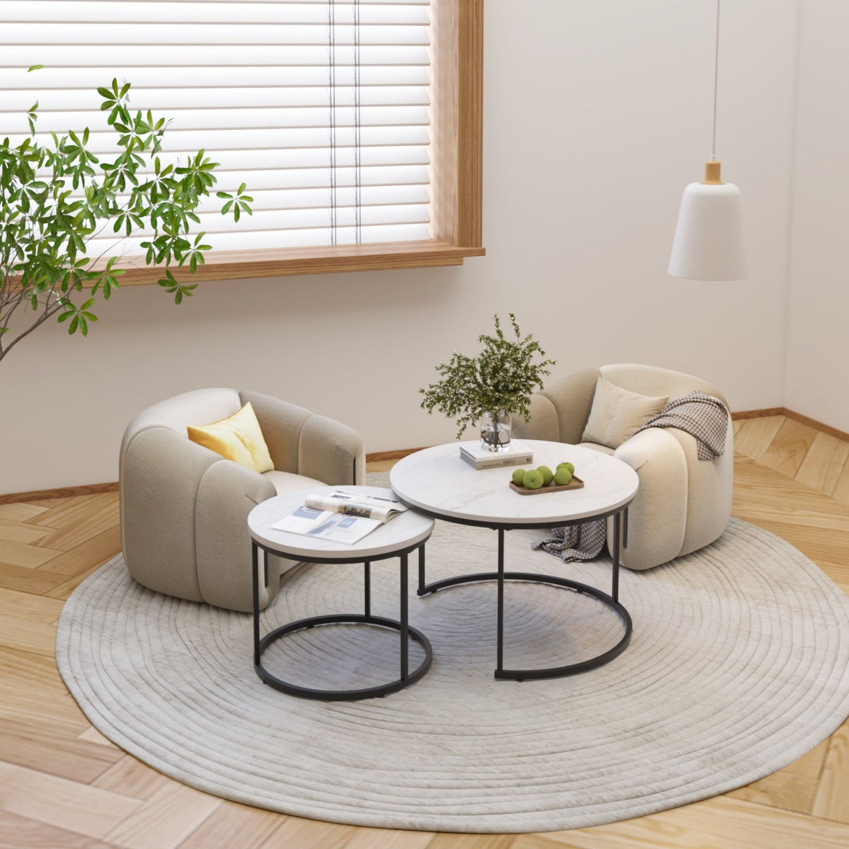 Nesting Coffee Table Set of 2, 27.6inch Round Wood Marble Pattern Top with Sturdy Metal Frame