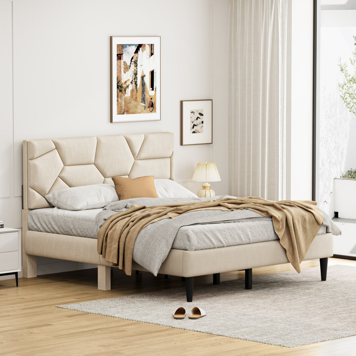 Queen Bed Frame with Linen Storage Headboard in Beige