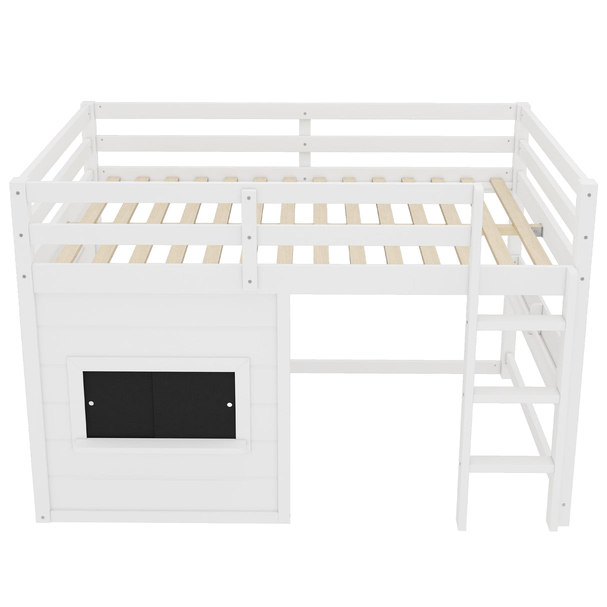 Full Size Loft Bed With Sliding Chalkboard & Bookshelf