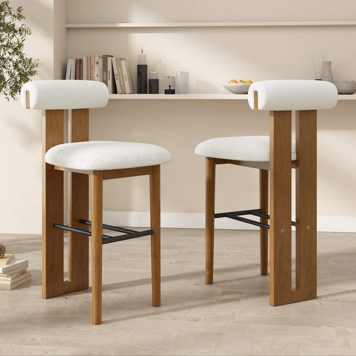 Renee Indoor Wooden Upholstered Barstool with Rubberwood Frame - Ivory or Walnut