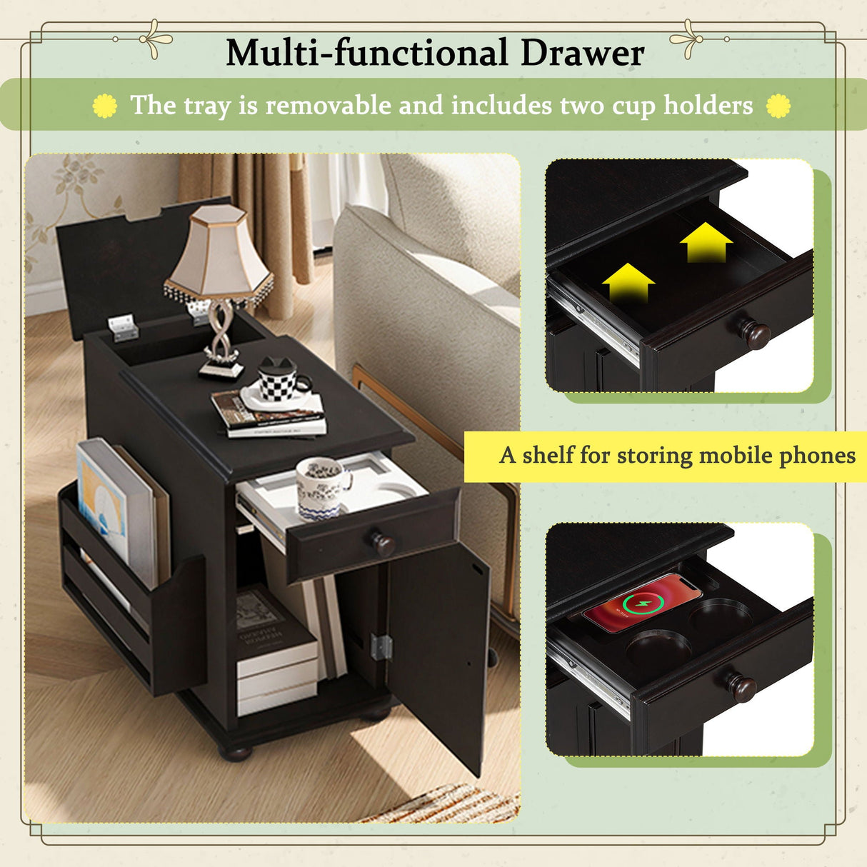 Vintage Flip Top Side Table With USB Ports