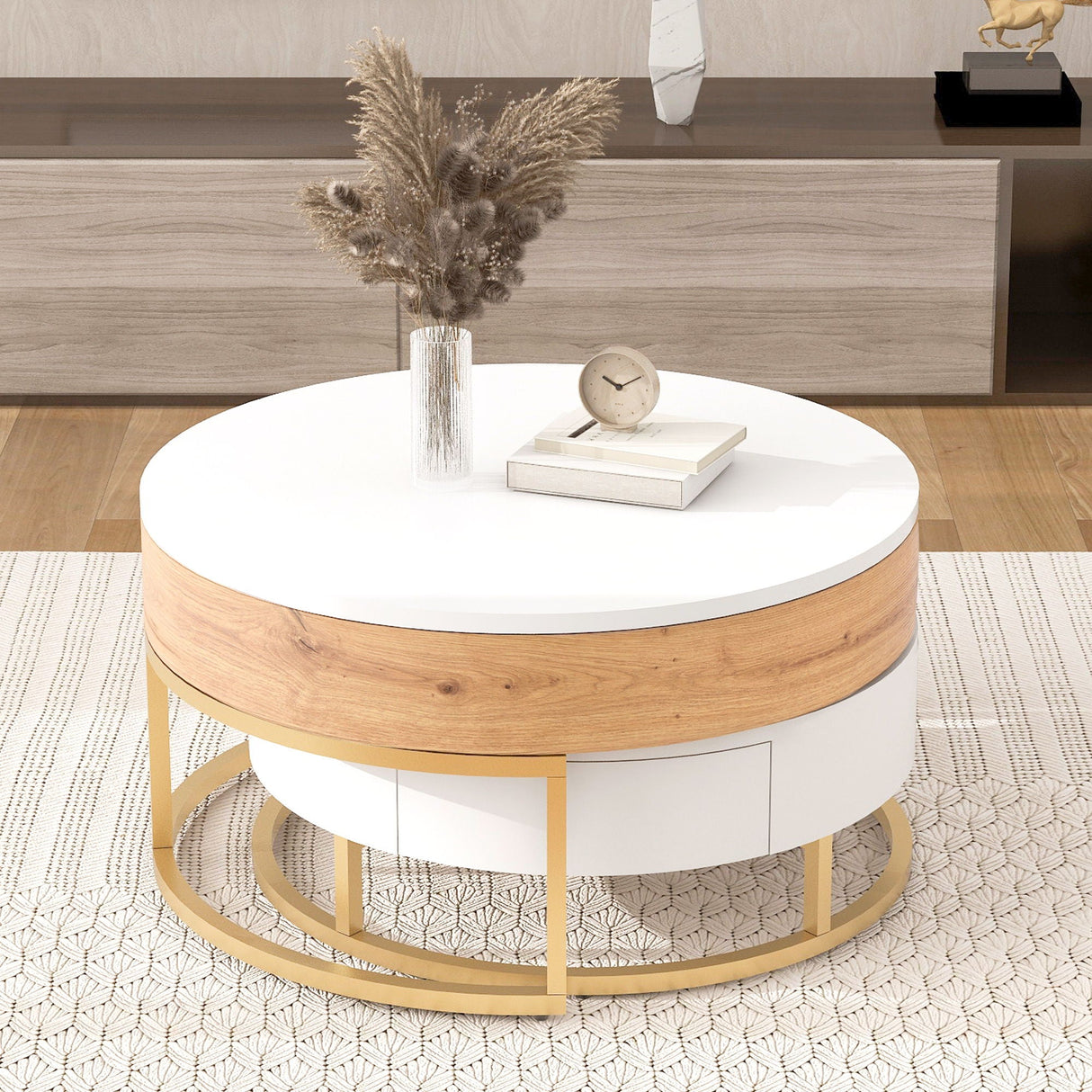 Modern Round Lift-Top Nesting Coffee Tables With 2 Drawers