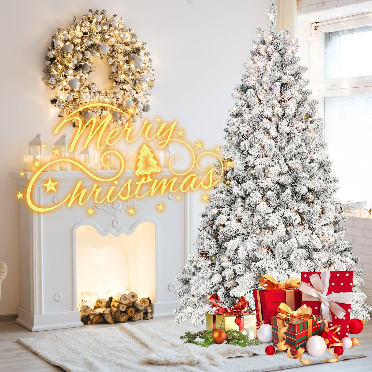 9FT Flocked Christmas Tree with 850 UL Lights and Pine Cones